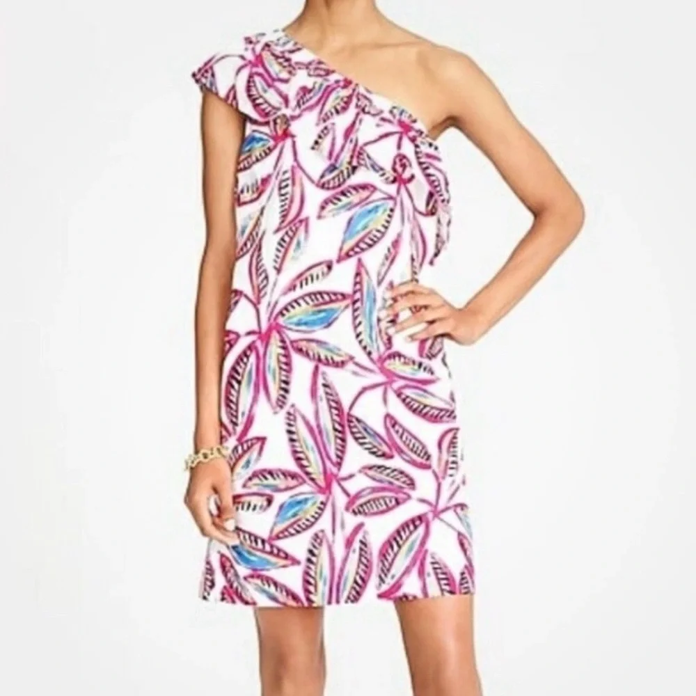 J Crew XS One Shoulder Ruffled Linen Mini Dress ~ Tropical Vacation Resort Beach